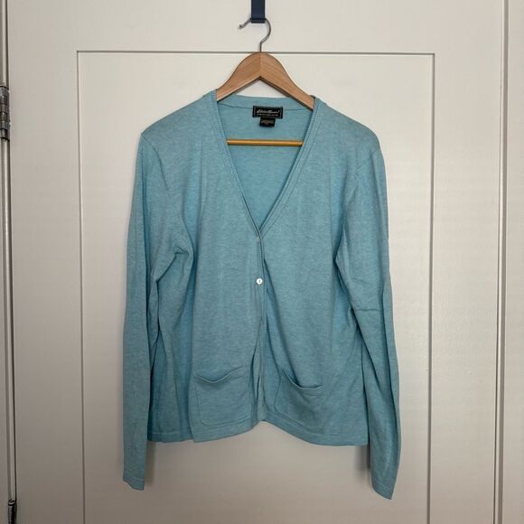 Eddie Bauer Cardigan Sweater Womens Sz XL Blue Stretch Pima Cotton Button Up - Picture 1 of 10